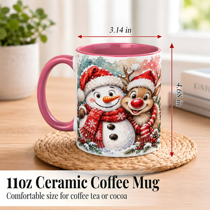#pl[11oz|Pink] Snowman Reindeer Coffee Mug, Christmas Friends Mug, Ceramic Cup