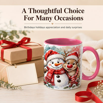 #pl[11oz|Pink] Snowman Reindeer Coffee Mug, Christmas Friends Mug, Ceramic Cup