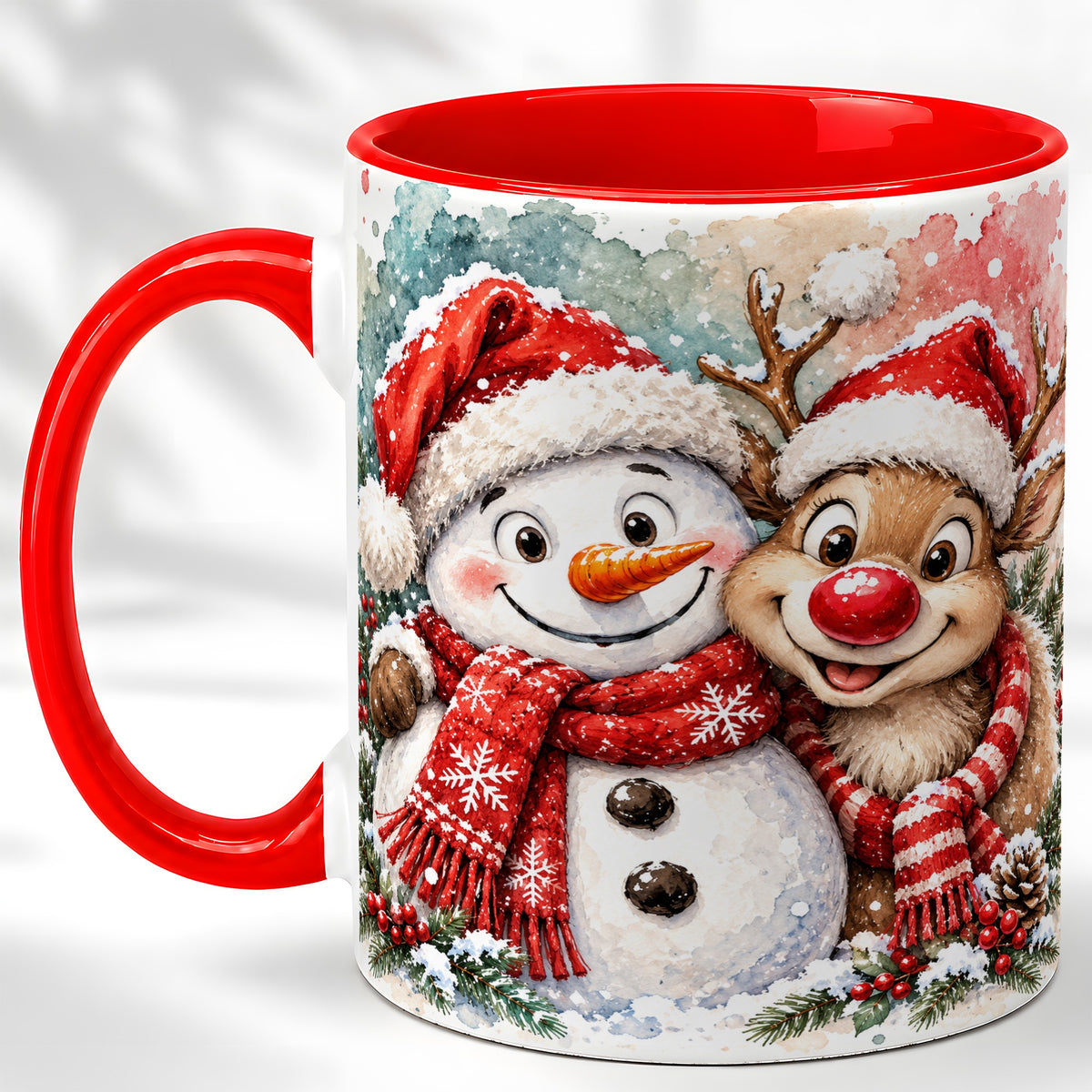 Snowman Reindeer Coffee Mug, Christmas Friends Mug, Ceramic Cup