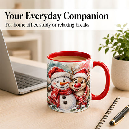 #pl[11oz|Red] Snowman Reindeer Coffee Mug, Christmas Friends Mug, Ceramic Cup