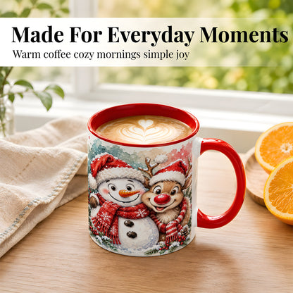 #pl[11oz|Red] Snowman Reindeer Coffee Mug, Christmas Friends Mug, Ceramic Cup