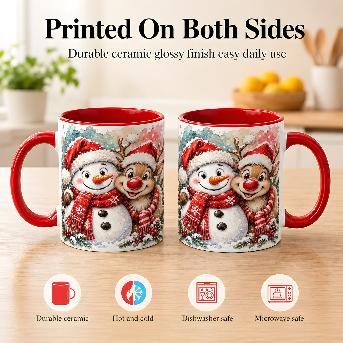 #pl[11oz|Red] Snowman Reindeer Coffee Mug, Christmas Friends Mug, Ceramic Cup