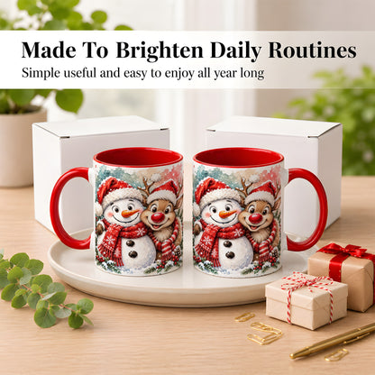 #pl[11oz|Red] Snowman Reindeer Coffee Mug, Christmas Friends Mug, Ceramic Cup