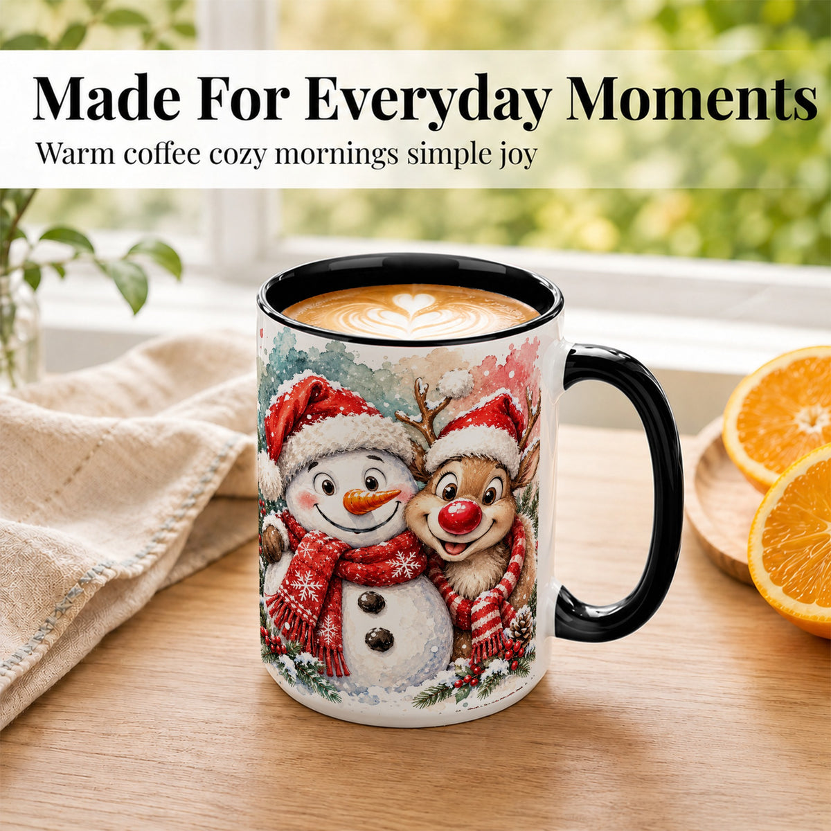 #pl[15oz|Black] Snowman Reindeer Coffee Mug, Christmas Friends Mug, Ceramic Cup