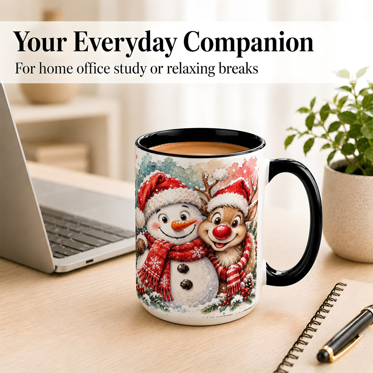 #pl[15oz|Black] Snowman Reindeer Coffee Mug, Christmas Friends Mug, Ceramic Cup