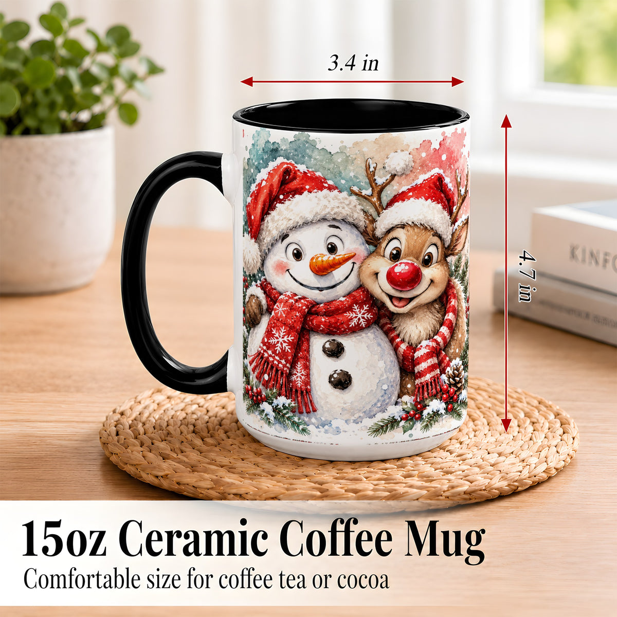 #pl[15oz|Black] Snowman Reindeer Coffee Mug, Christmas Friends Mug, Ceramic Cup