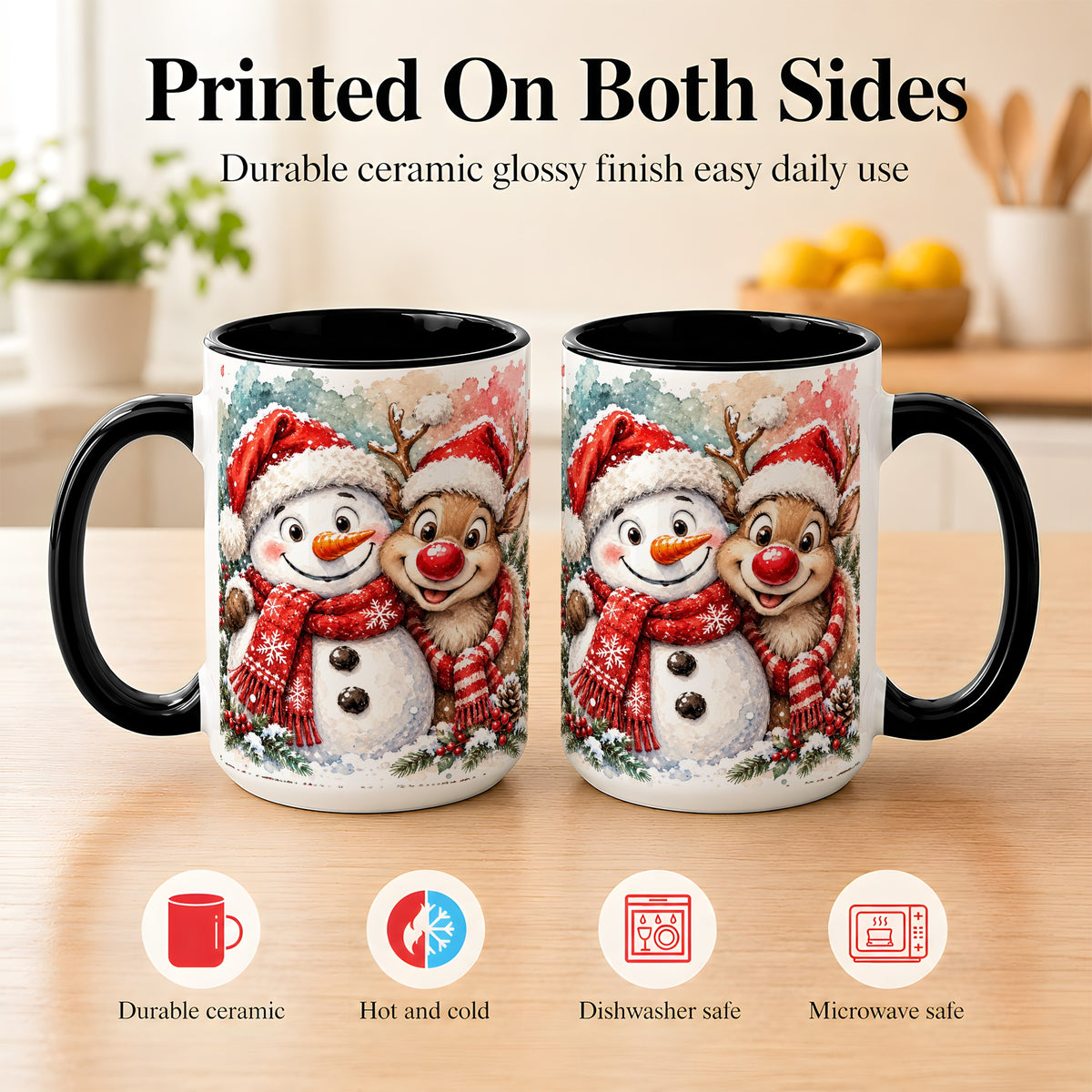 #pl[15oz|Black] Snowman Reindeer Coffee Mug, Christmas Friends Mug, Ceramic Cup