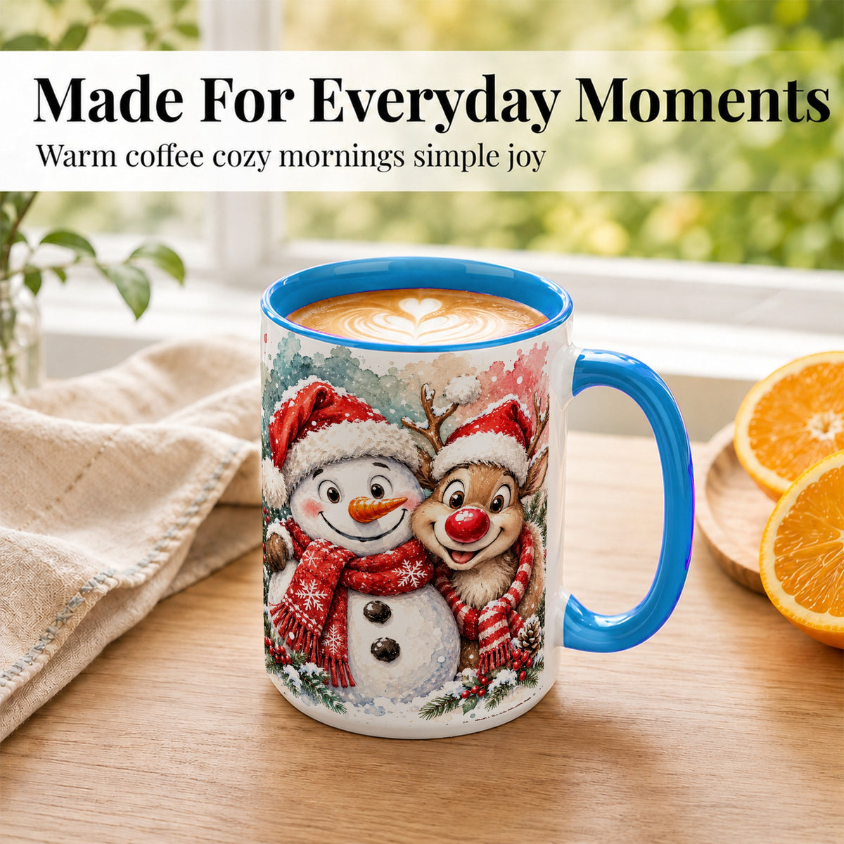 #pl[15oz|Blue] Snowman Reindeer Coffee Mug, Christmas Friends Mug, Ceramic Cup