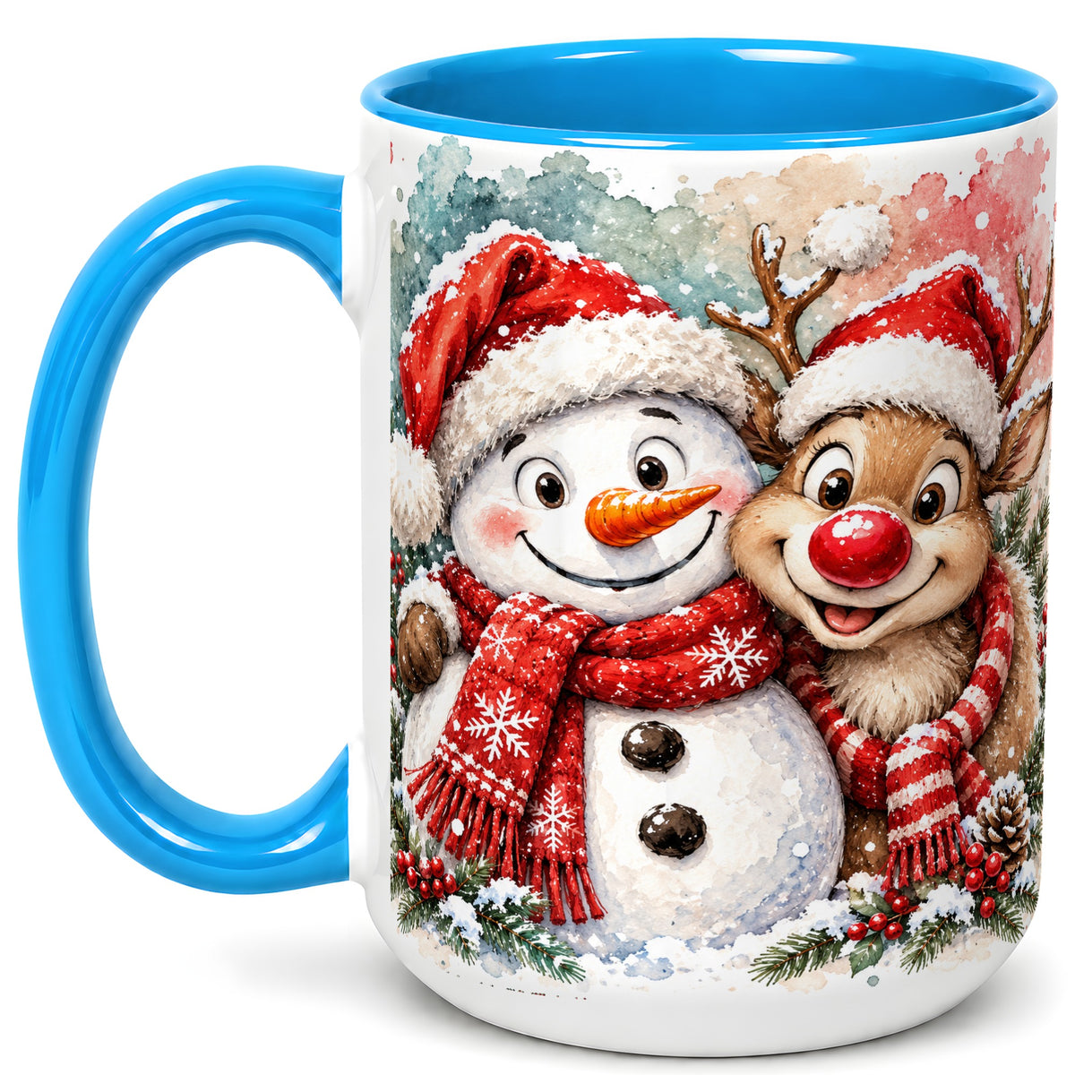 #pl[15oz|Blue] Snowman Reindeer Coffee Mug, Christmas Friends Mug, Ceramic Cup