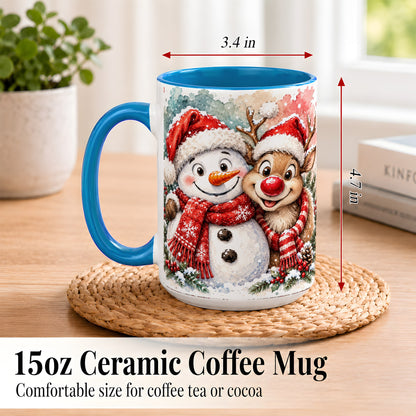 #pl[15oz|Blue] Snowman Reindeer Coffee Mug, Christmas Friends Mug, Ceramic Cup