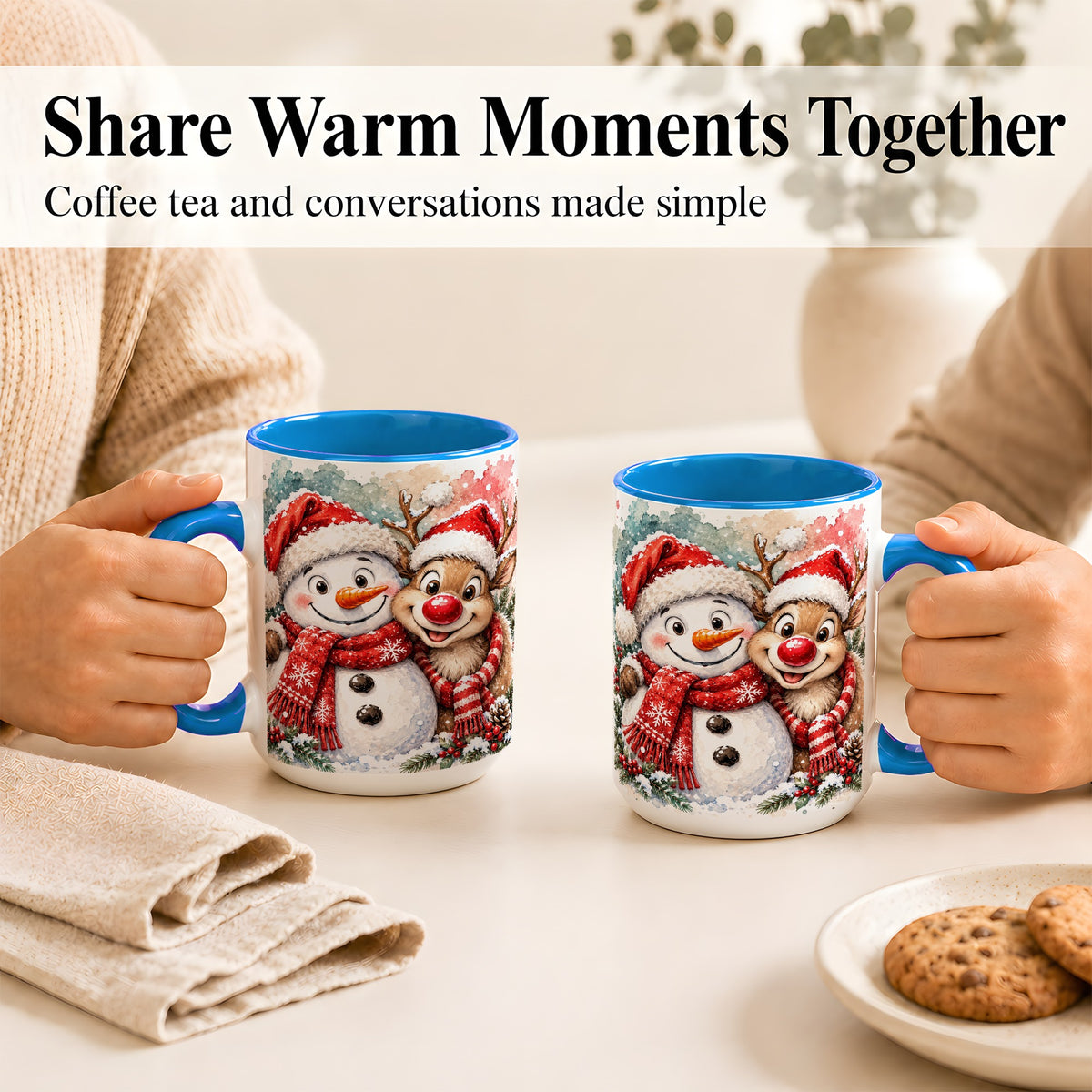 #pl[15oz|Blue] Snowman Reindeer Coffee Mug, Christmas Friends Mug, Ceramic Cup