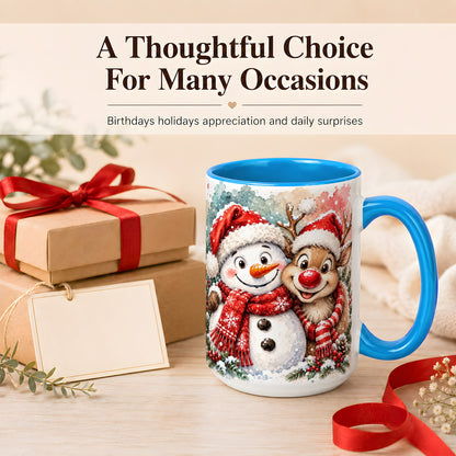 #pl[15oz|Blue] Snowman Reindeer Coffee Mug, Christmas Friends Mug, Ceramic Cup