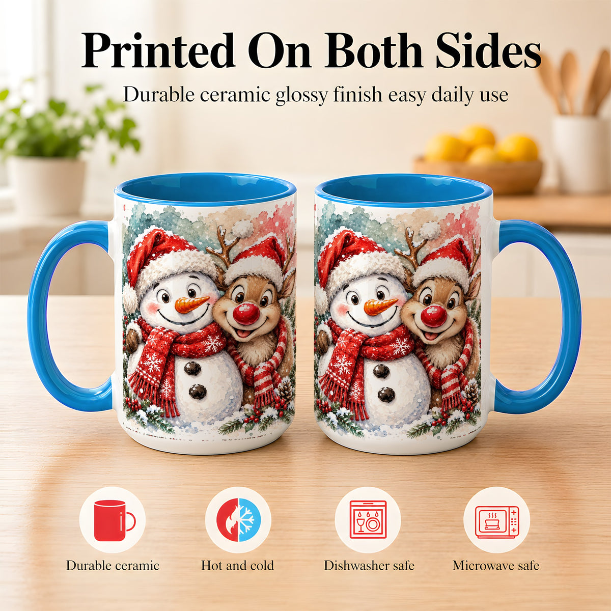 #pl[15oz|Blue] Snowman Reindeer Coffee Mug, Christmas Friends Mug, Ceramic Cup