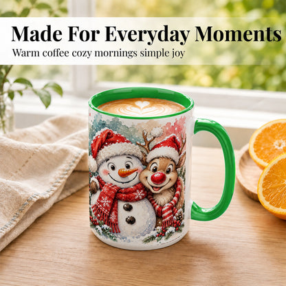 #pl[15oz|Green] Snowman Reindeer Coffee Mug, Christmas Friends Mug, Ceramic Cup