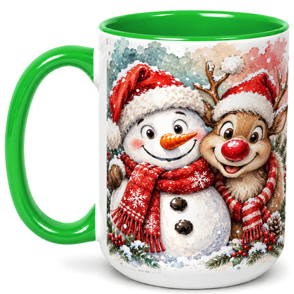 #pl[15oz|Green] Snowman Reindeer Coffee Mug, Christmas Friends Mug, Ceramic Cup