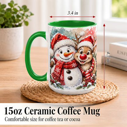 #pl[15oz|Green] Snowman Reindeer Coffee Mug, Christmas Friends Mug, Ceramic Cup