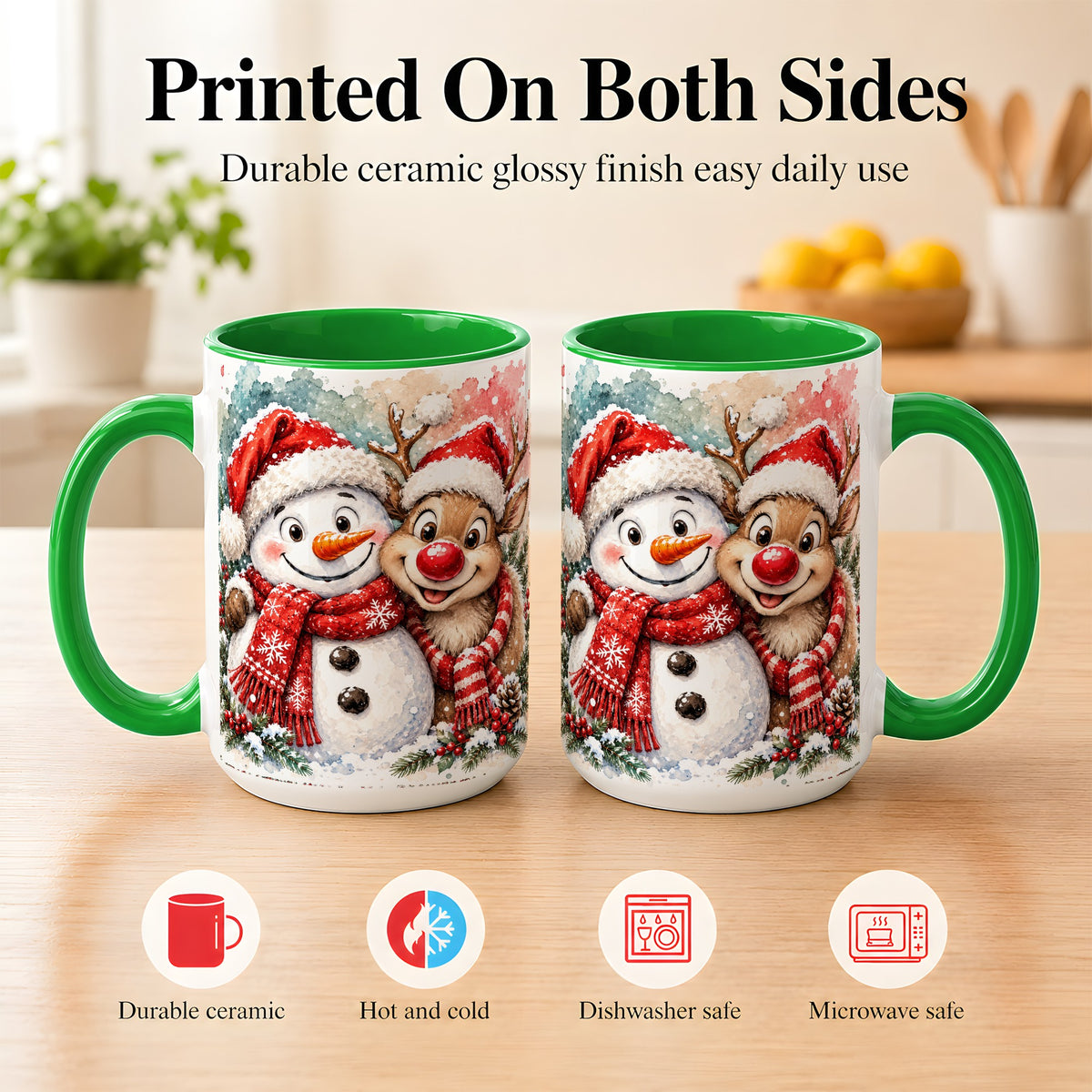 #pl[15oz|Green] Snowman Reindeer Coffee Mug, Christmas Friends Mug, Ceramic Cup