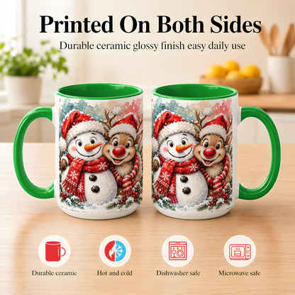 #pl[15oz|Green] Snowman Reindeer Coffee Mug, Christmas Friends Mug, Ceramic Cup