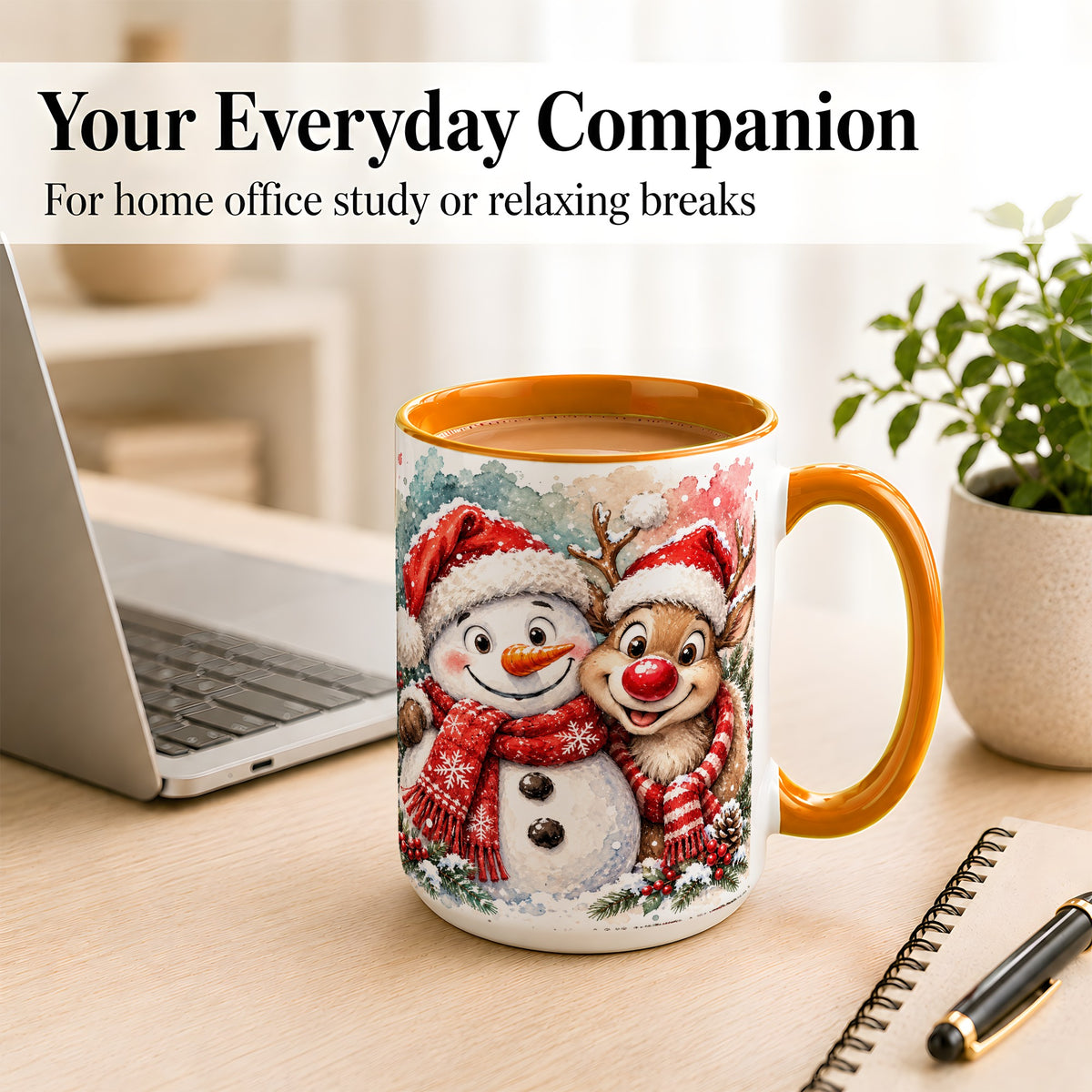 #pl[15oz|Orange] Snowman Reindeer Coffee Mug, Christmas Friends Mug, Ceramic Cup