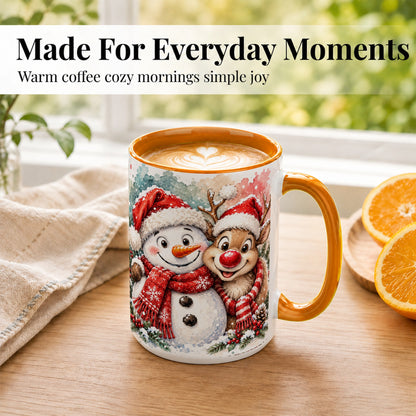 #pl[15oz|Orange] Snowman Reindeer Coffee Mug, Christmas Friends Mug, Ceramic Cup