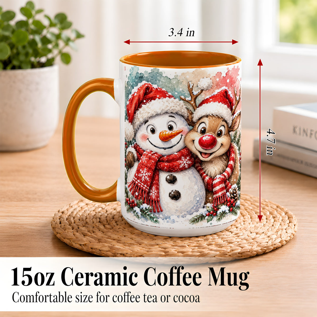 #pl[15oz|Orange] Snowman Reindeer Coffee Mug, Christmas Friends Mug, Ceramic Cup