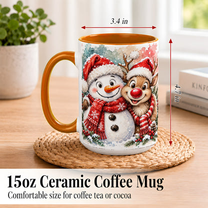 #pl[15oz|Orange] Snowman Reindeer Coffee Mug, Christmas Friends Mug, Ceramic Cup