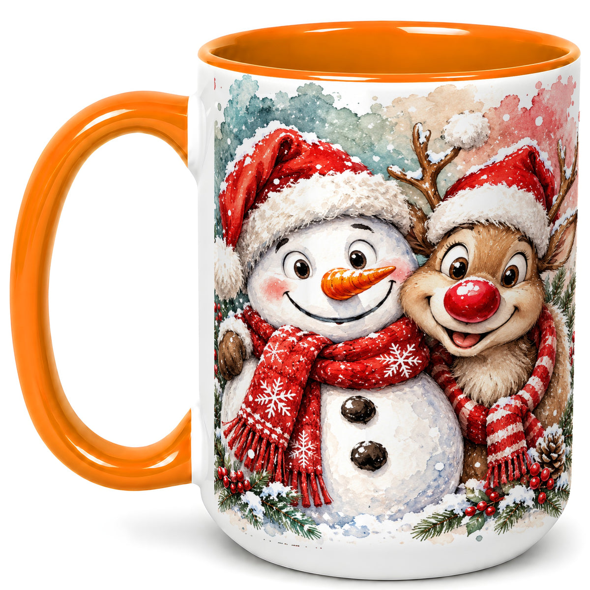 #pl[15oz|Orange] Snowman Reindeer Coffee Mug, Christmas Friends Mug, Ceramic Cup