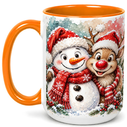 #pl[15oz|Orange] Snowman Reindeer Coffee Mug, Christmas Friends Mug, Ceramic Cup