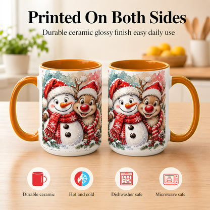 #pl[15oz|Orange] Snowman Reindeer Coffee Mug, Christmas Friends Mug, Ceramic Cup