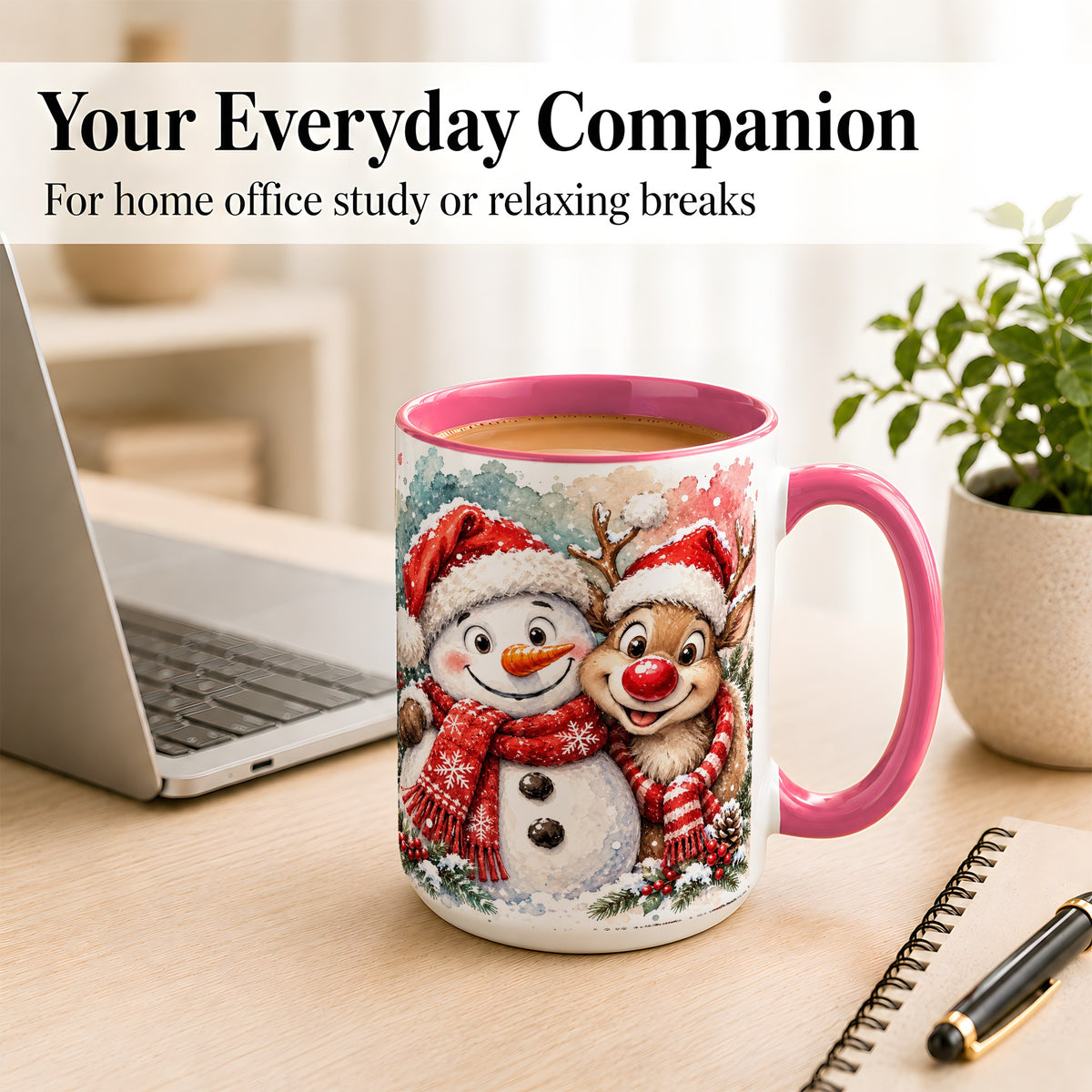 #pl[15oz|Pink] Snowman Reindeer Coffee Mug, Christmas Friends Mug, Ceramic Cup
