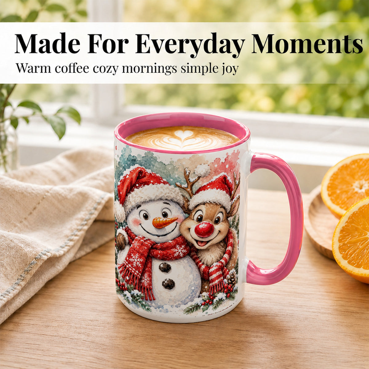 #pl[15oz|Pink] Snowman Reindeer Coffee Mug, Christmas Friends Mug, Ceramic Cup