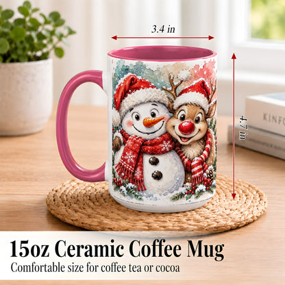 #pl[15oz|Pink] Snowman Reindeer Coffee Mug, Christmas Friends Mug, Ceramic Cup
