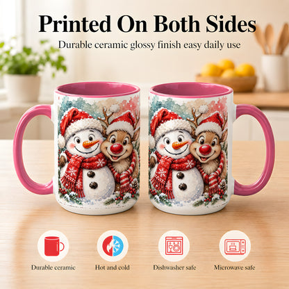 #pl[15oz|Pink] Snowman Reindeer Coffee Mug, Christmas Friends Mug, Ceramic Cup