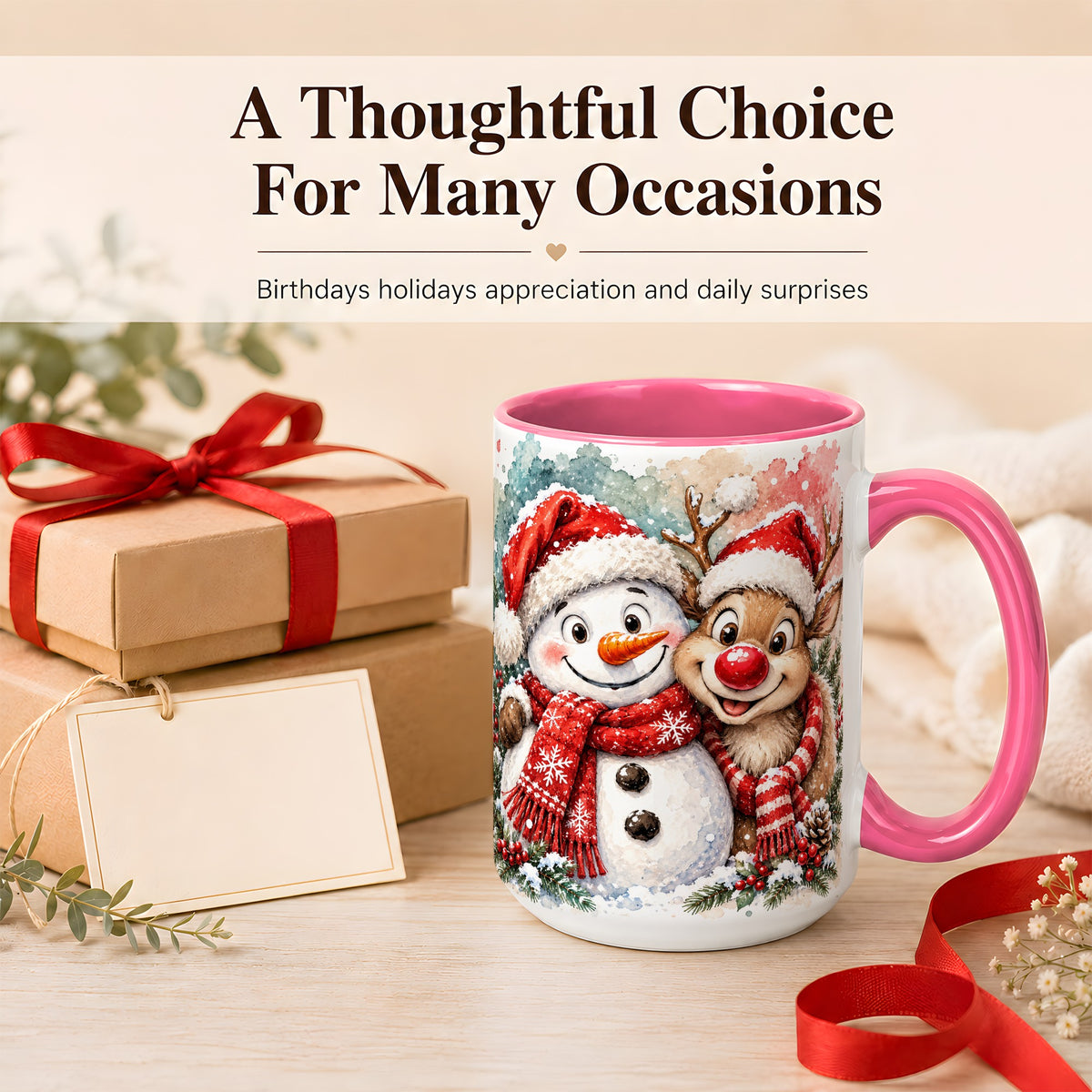 #pl[15oz|Pink] Snowman Reindeer Coffee Mug, Christmas Friends Mug, Ceramic Cup