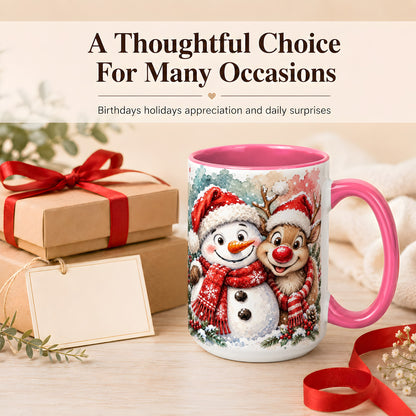 #pl[15oz|Pink] Snowman Reindeer Coffee Mug, Christmas Friends Mug, Ceramic Cup