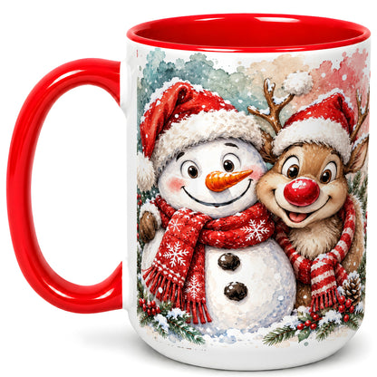 #pl[15oz|Red] Snowman Reindeer Coffee Mug, Christmas Friends Mug, Ceramic Cup