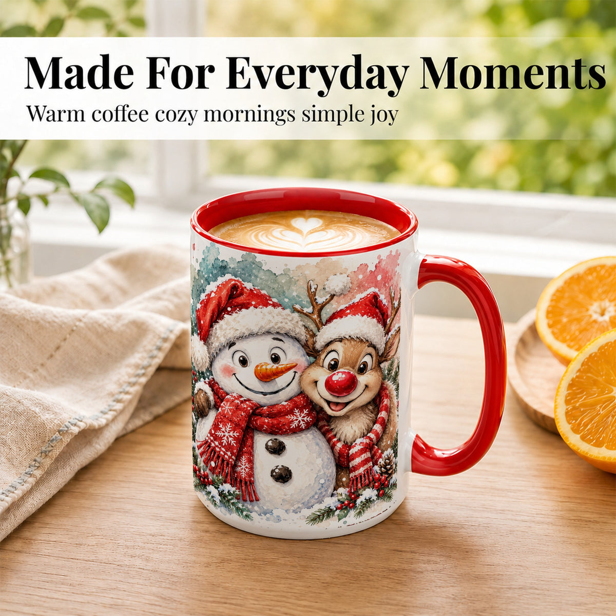 #pl[15oz|Red] Snowman Reindeer Coffee Mug, Christmas Friends Mug, Ceramic Cup