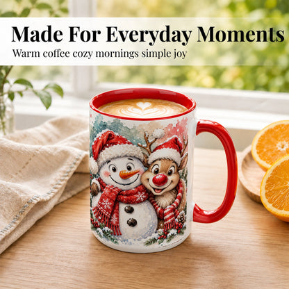 #pl[15oz|Red] Snowman Reindeer Coffee Mug, Christmas Friends Mug, Ceramic Cup