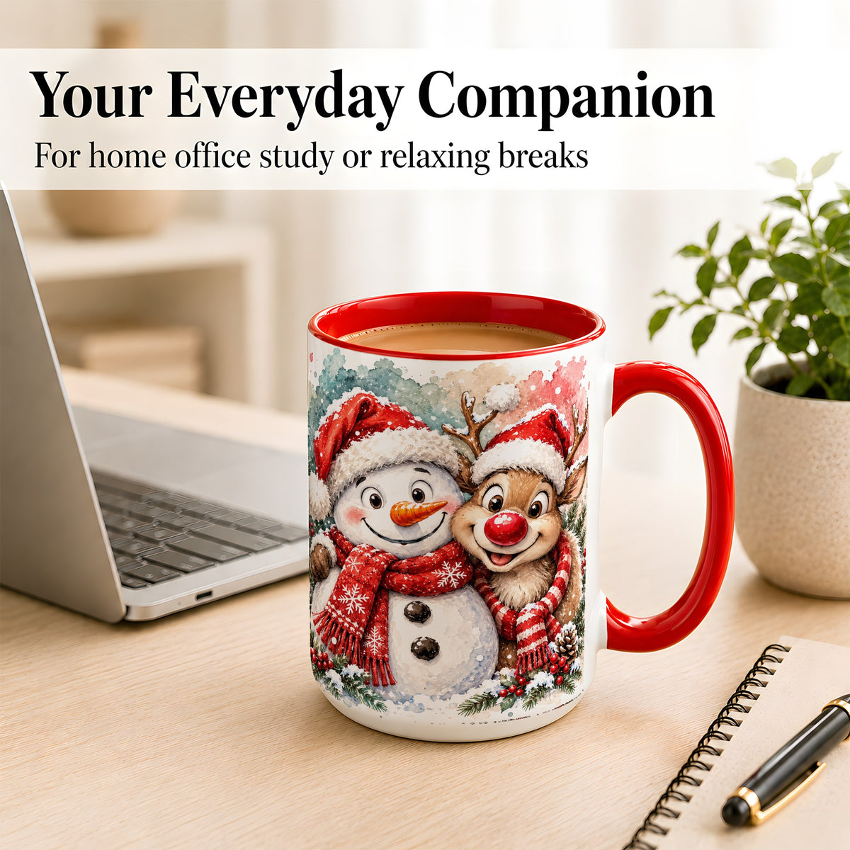 #pl[15oz|Red] Snowman Reindeer Coffee Mug, Christmas Friends Mug, Ceramic Cup