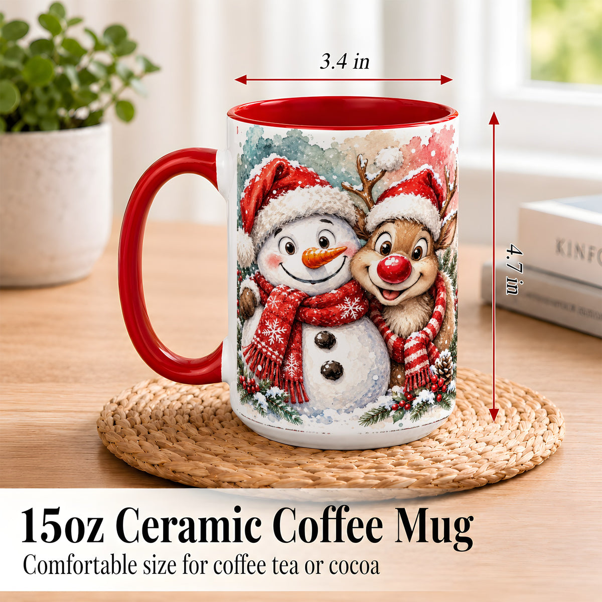 #pl[15oz|Red] Snowman Reindeer Coffee Mug, Christmas Friends Mug, Ceramic Cup
