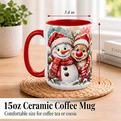 #pl[15oz|Red] Snowman Reindeer Coffee Mug, Christmas Friends Mug, Ceramic Cup
