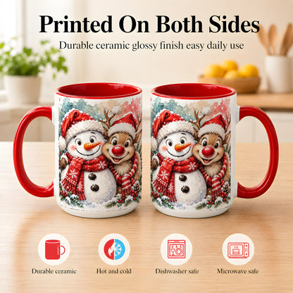 #pl[15oz|Red] Snowman Reindeer Coffee Mug, Christmas Friends Mug, Ceramic Cup