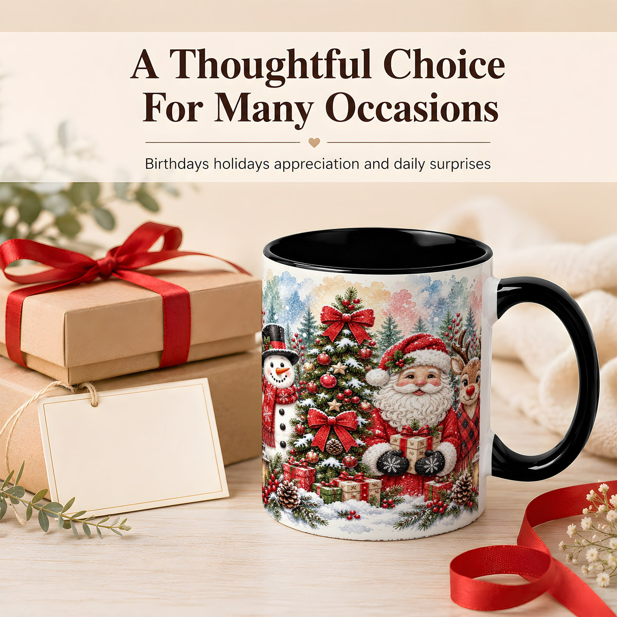 #pl[11oz|Black] Classic Christmas Coffee Mug, Santa Snowman Reindeer Mug, Ceramic Cup