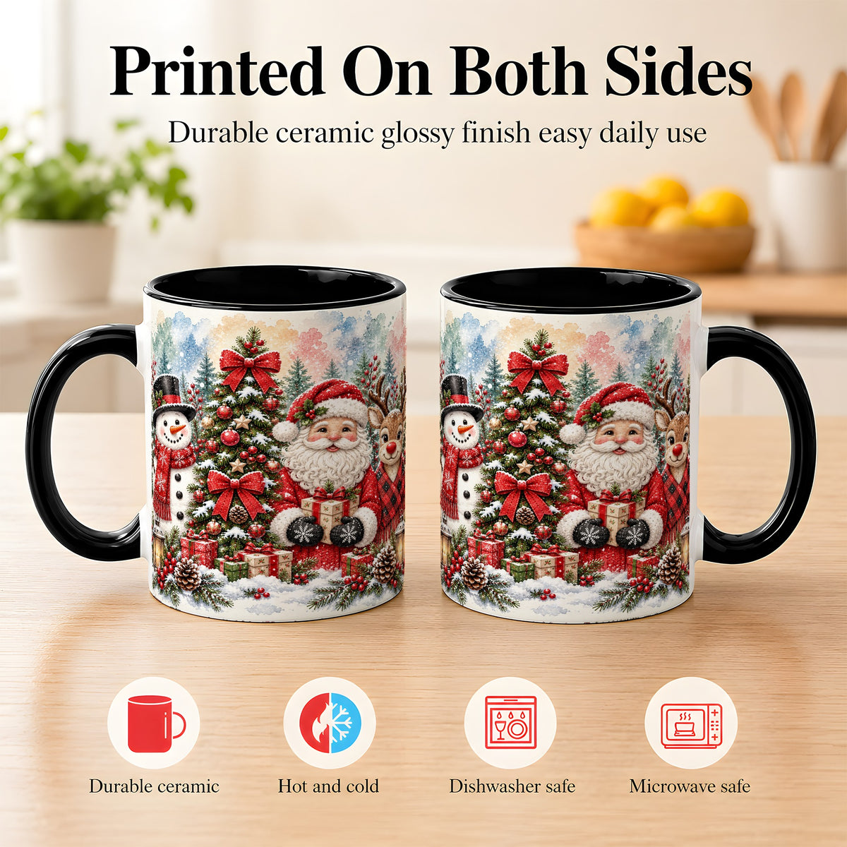 #pl[11oz|Black] Classic Christmas Coffee Mug, Santa Snowman Reindeer Mug, Ceramic Cup