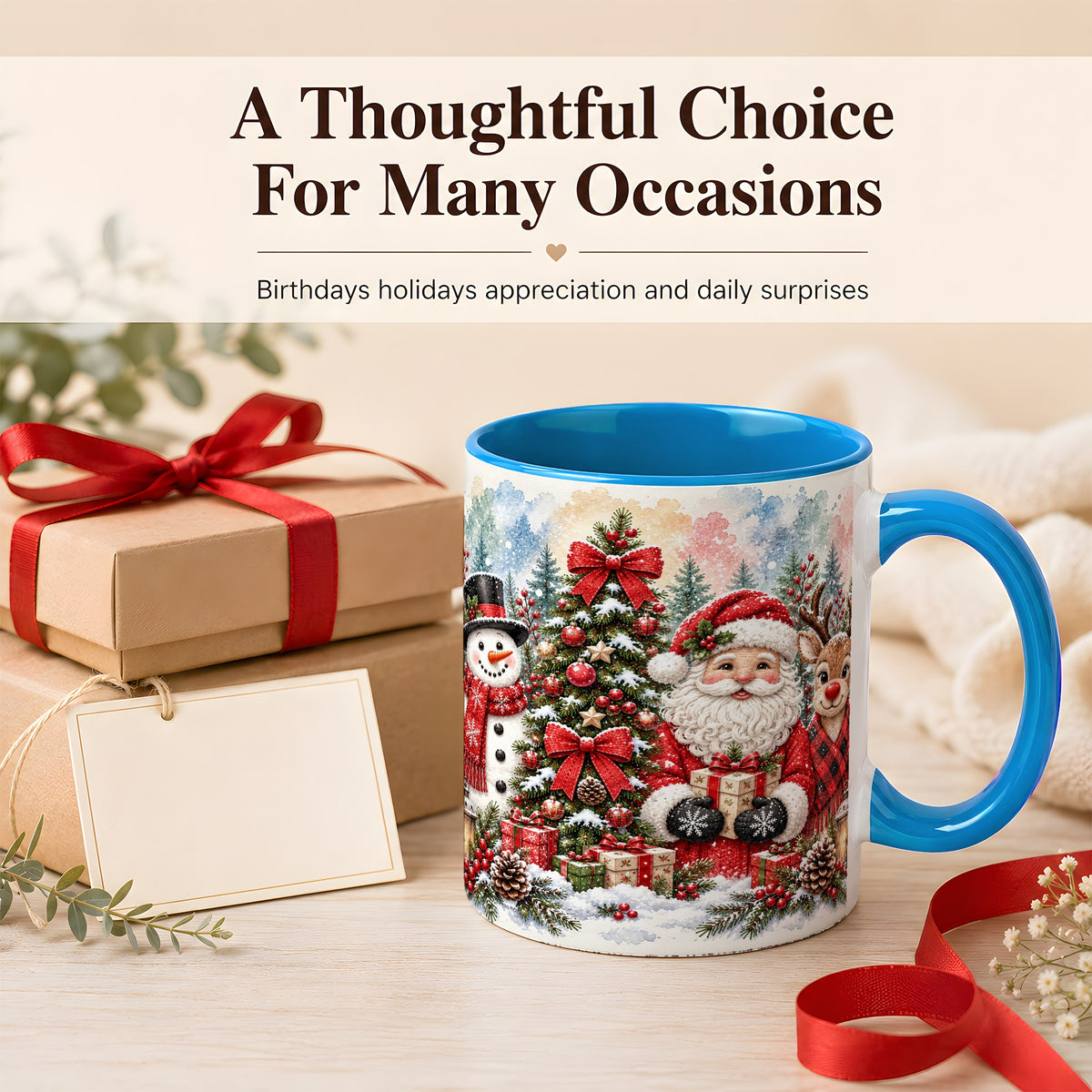 #pl[11oz|Blue] Classic Christmas Coffee Mug, Santa Snowman Reindeer Mug, Ceramic Cup
