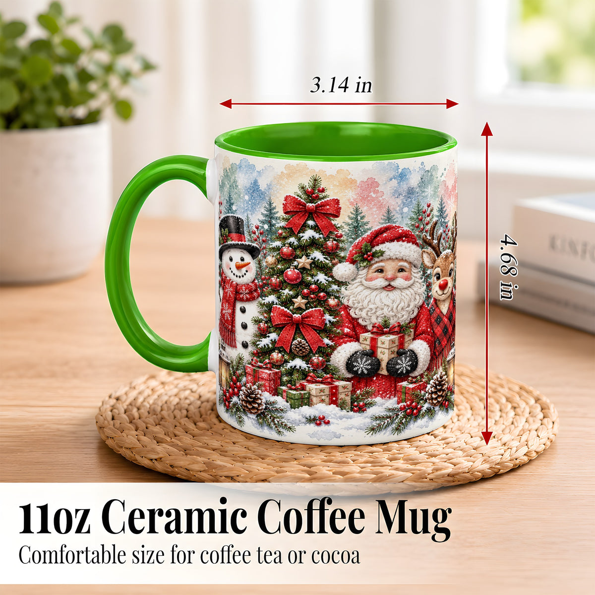 #pl[11oz|Green] Classic Christmas Coffee Mug, Santa Snowman Reindeer Mug, Ceramic Cup
