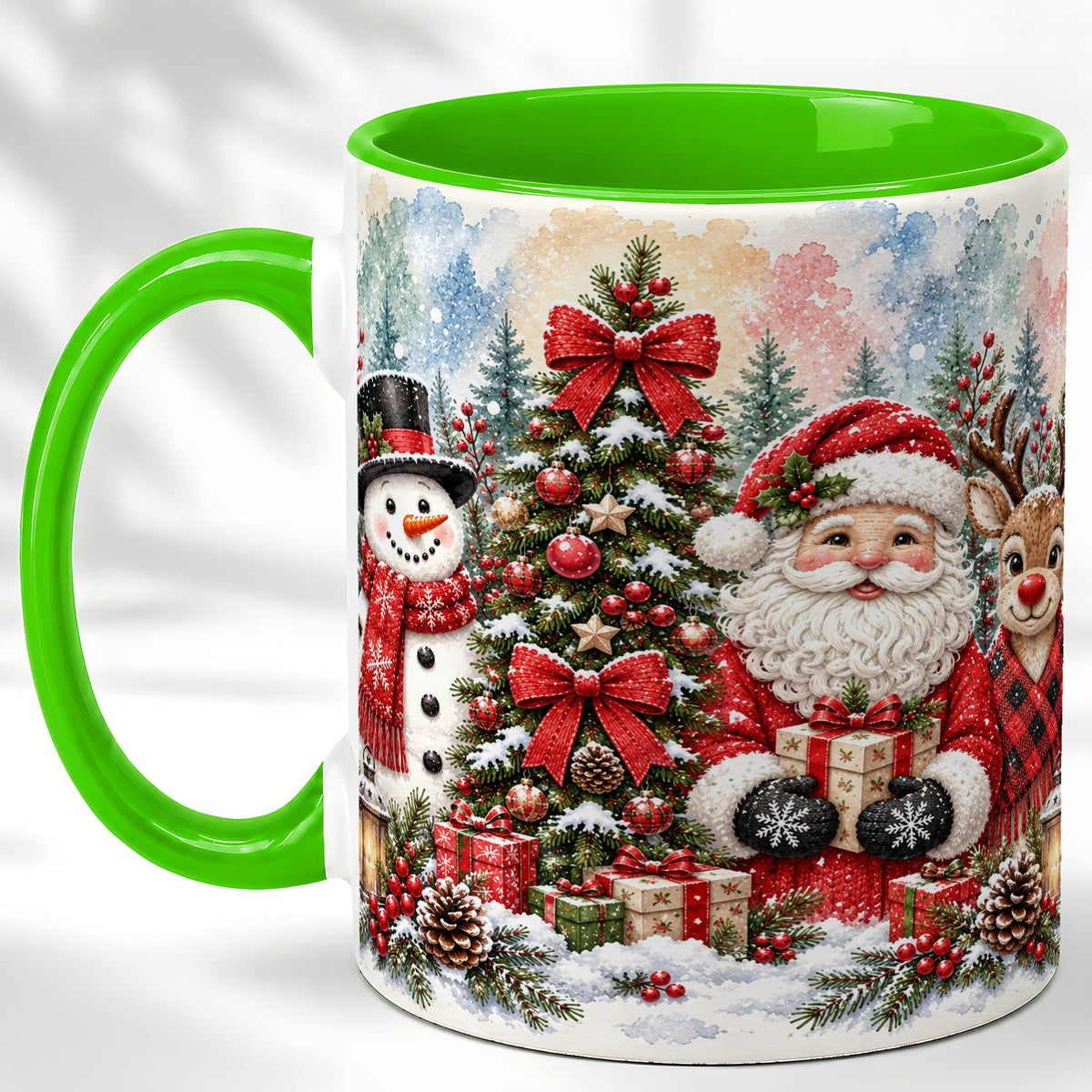 #pl[11oz|Green] Classic Christmas Coffee Mug, Santa Snowman Reindeer Mug, Ceramic Cup