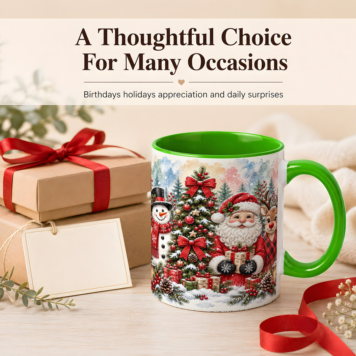 #pl[11oz|Green] Classic Christmas Coffee Mug, Santa Snowman Reindeer Mug, Ceramic Cup