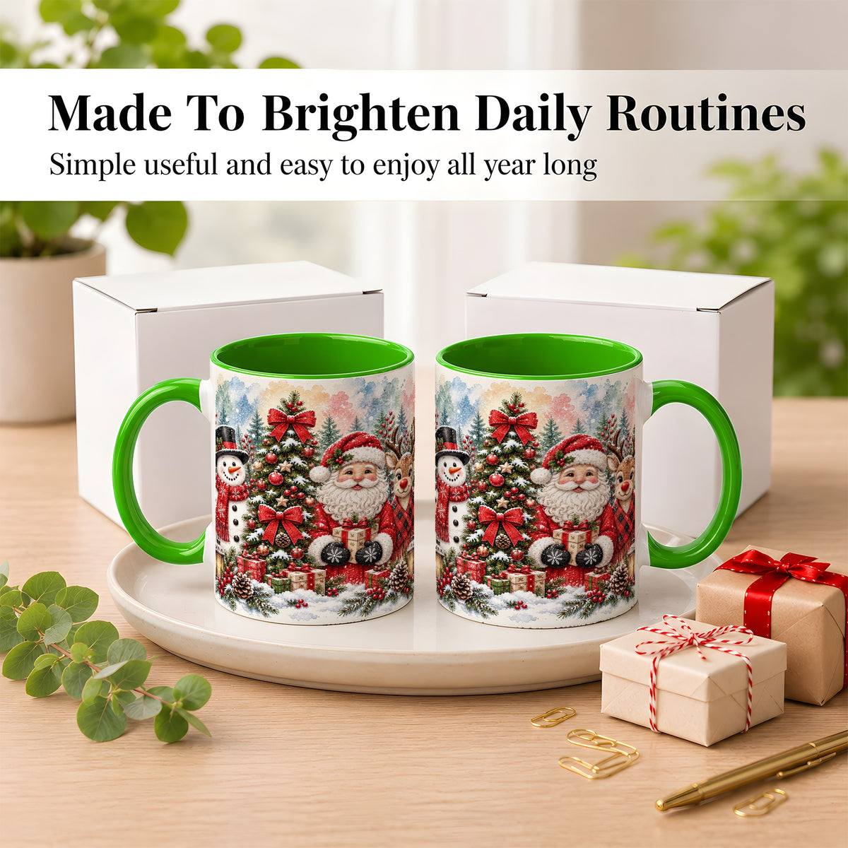 #pl[11oz|Green] Classic Christmas Coffee Mug, Santa Snowman Reindeer Mug, Ceramic Cup