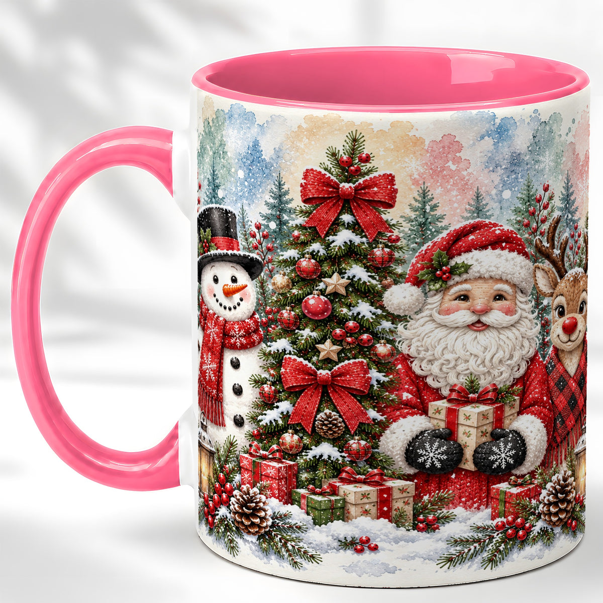 #pl[11oz|Pink] Classic Christmas Coffee Mug, Santa Snowman Reindeer Mug, Ceramic Cup